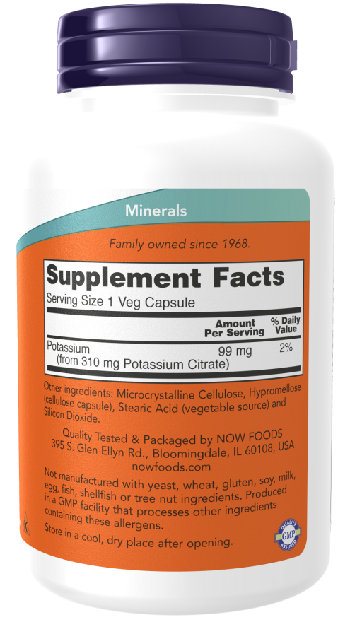 NOW Potassium Citrate 99 mg, 180 Veg Capsules