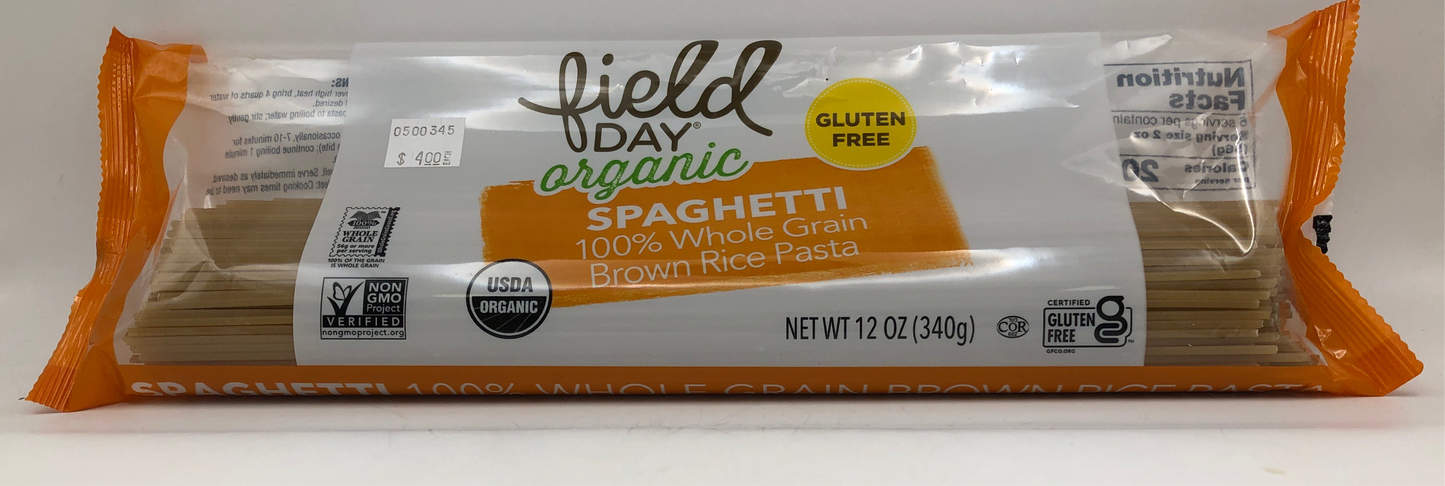Field Day Organic Spaghetti 100% Whole Grain Brown Rice Pasta 12 oz.