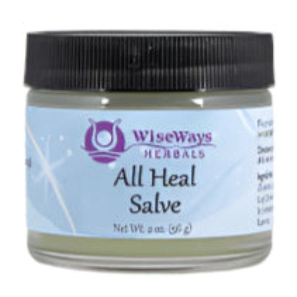 A jar of WiseWays Herbals All Heal Salve, 2 oz size, with a white label on a plain background.