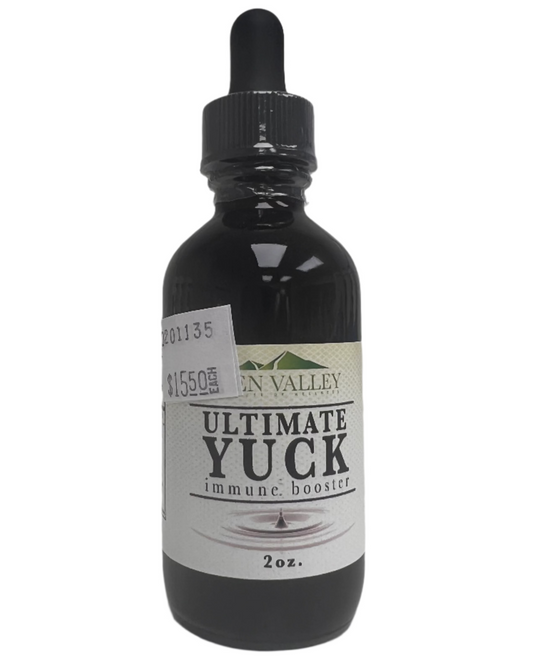 A bottle of 'Ultimate Yuck' immune booster supplement by Eden Valley, containing 2 fl. oz. of liquid.