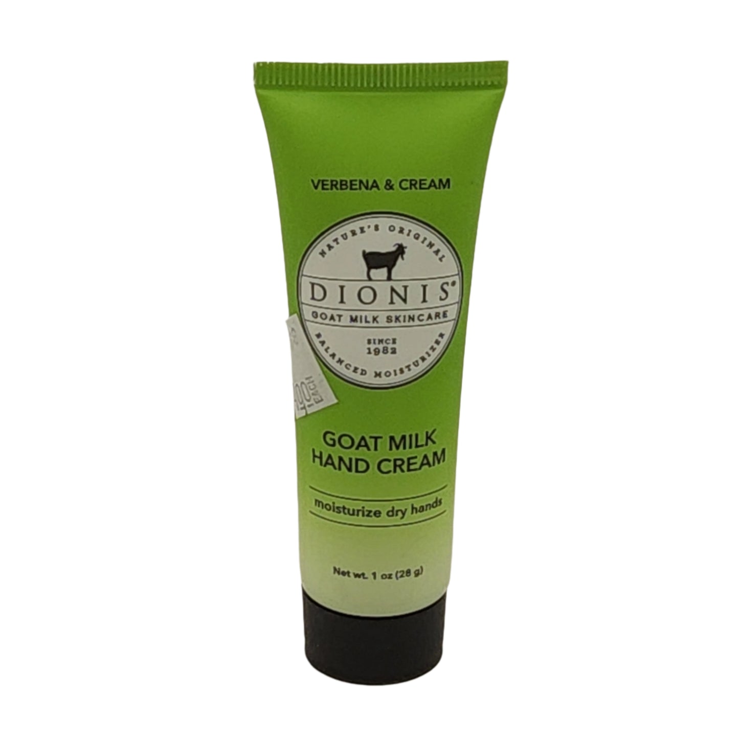 Green tube of Dionis Goat Milk Hand Cream on a white background