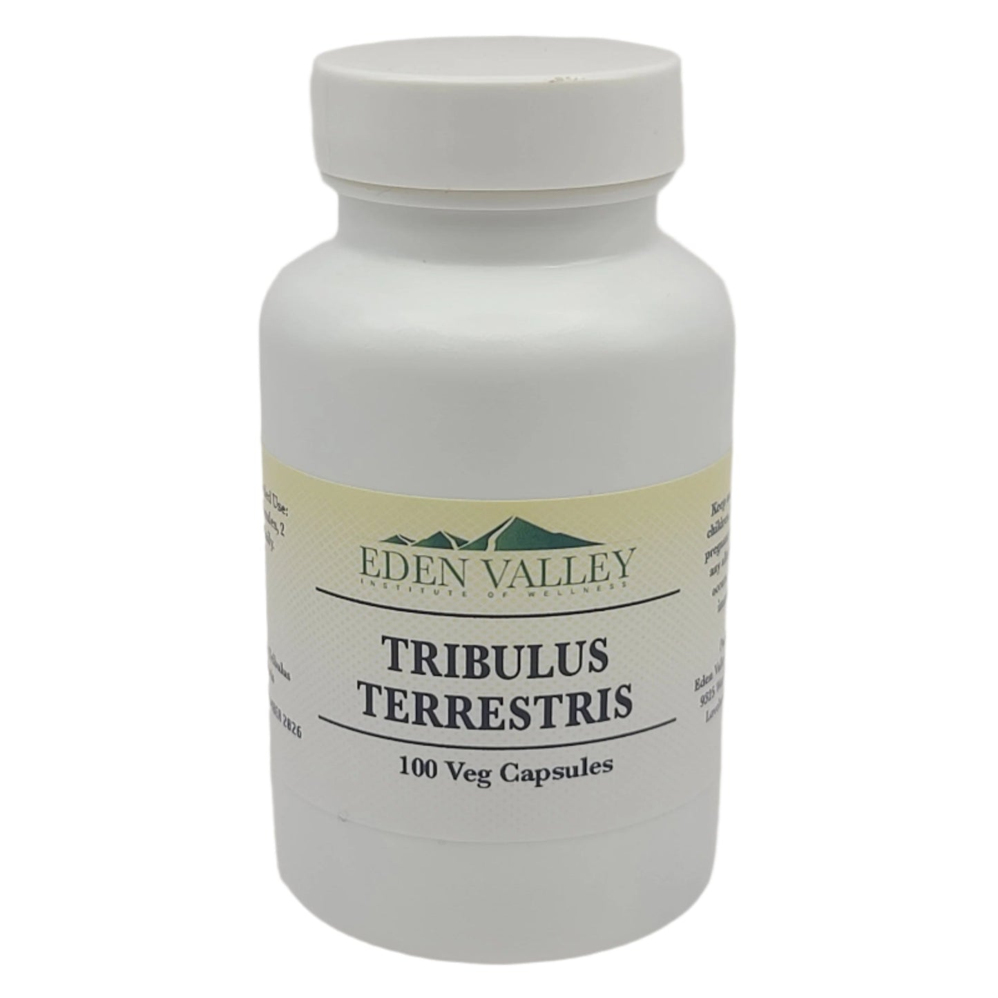 White supplement bottle labeled 'Eden Valley Tribulus Terrestris' on a light gray background