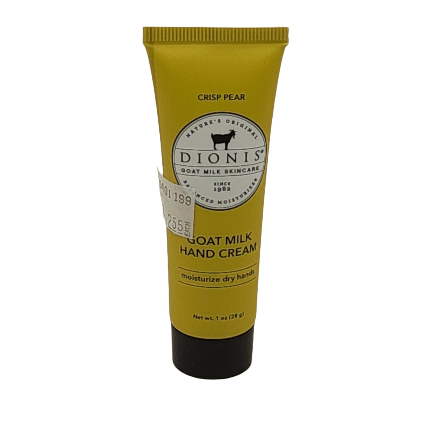 Yellow tube of Dionis Goat Milk Hand Cream on a white background