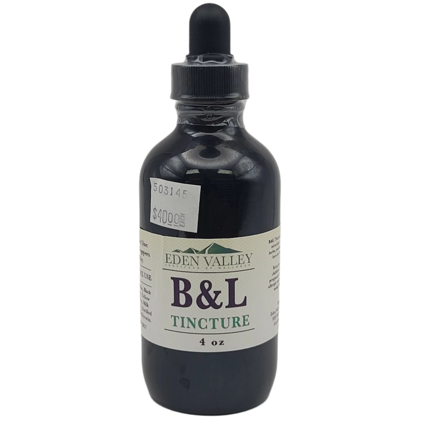 Bottle of B&L Tincture with a label on a light gray background