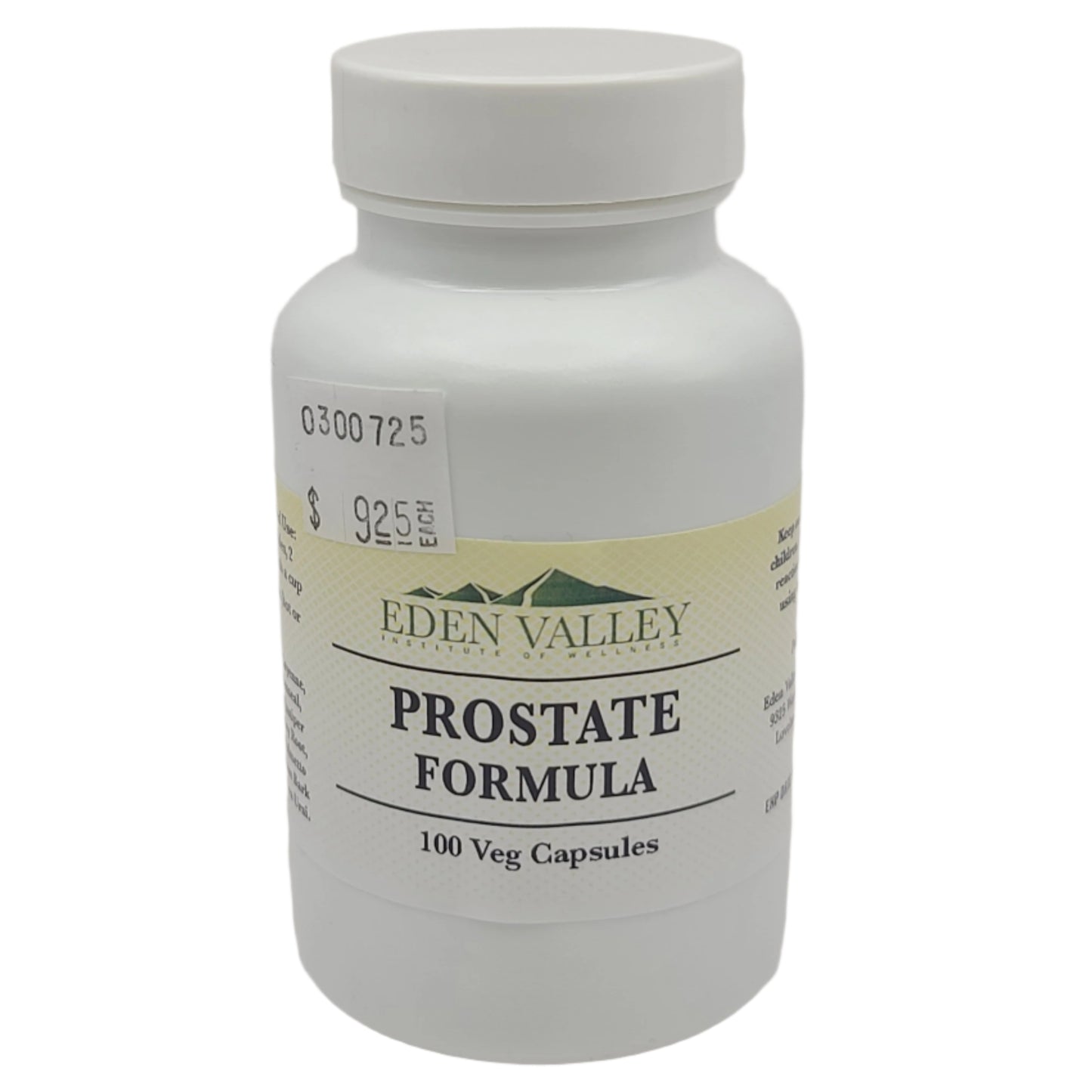 Eden Valley Prostate Formula supplement bottle on a light gray background