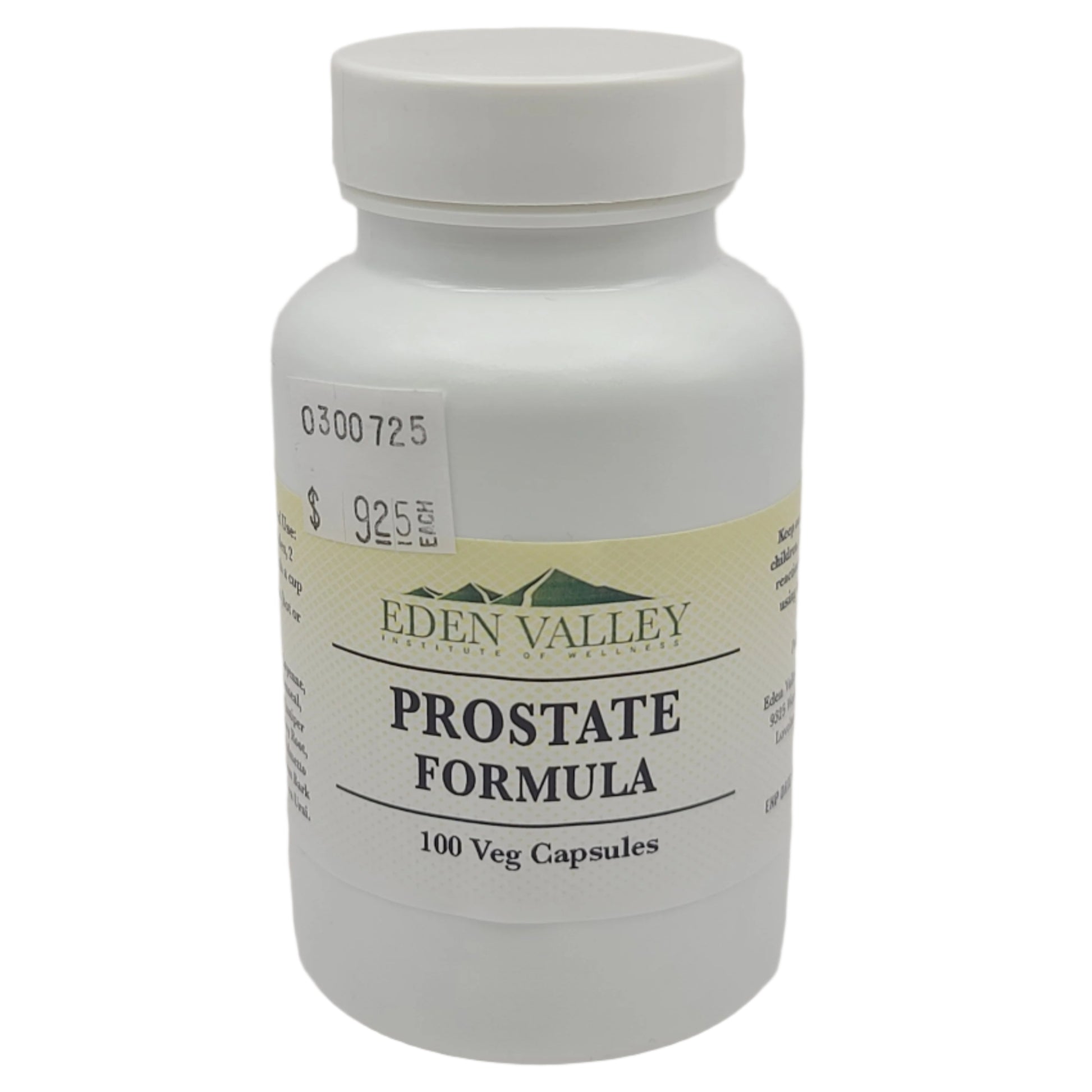 Eden Valley Prostate Formula supplement bottle on a light gray background