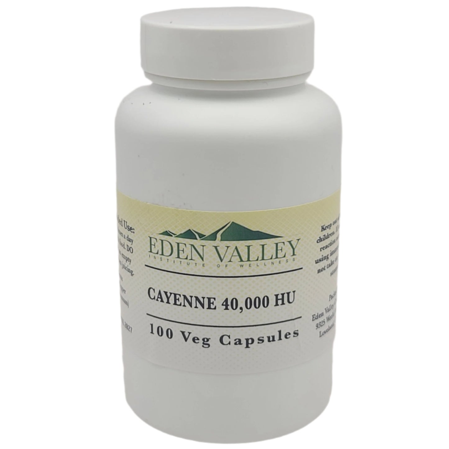 Eden Valley cayenne pepper supplement bottle on a light gray background