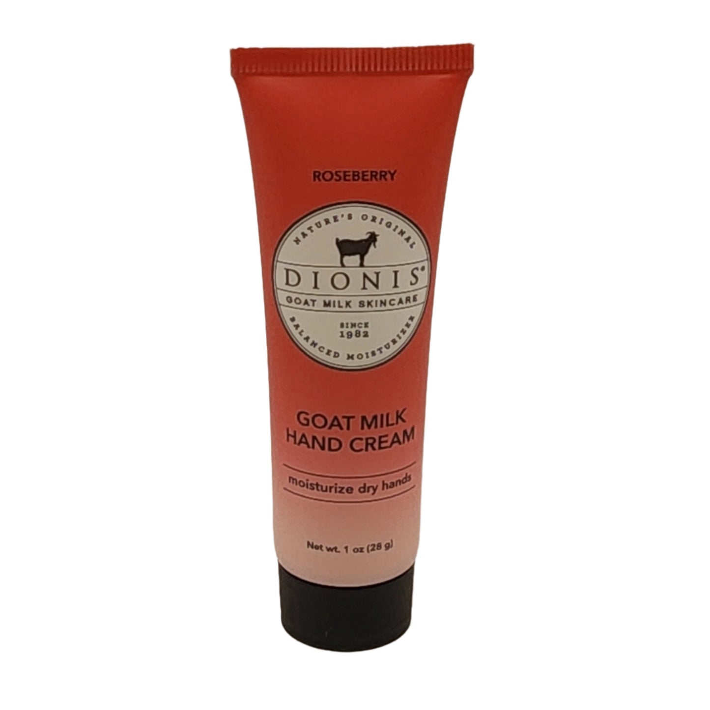 Red tube of Dionis Goat Milk Hand Cream on a white background