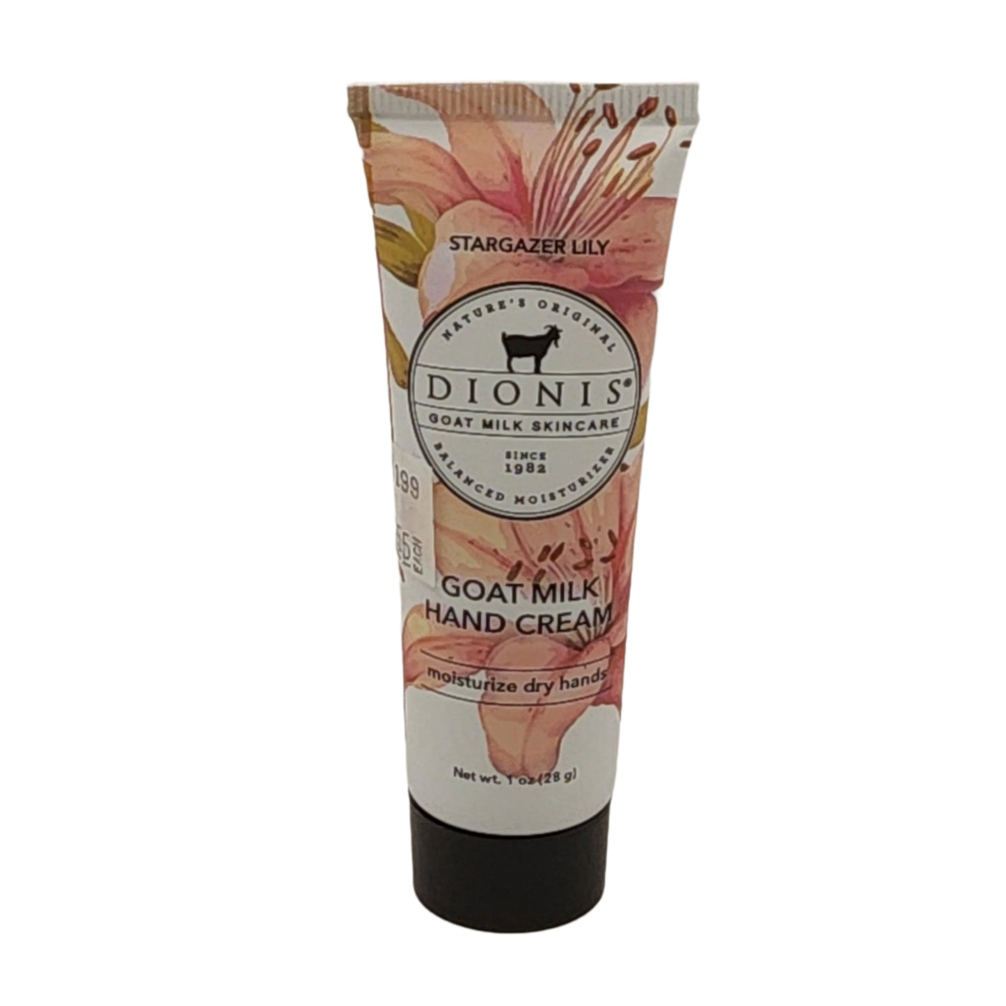 Dionis goat milk hand cream tube with floral design on a white background