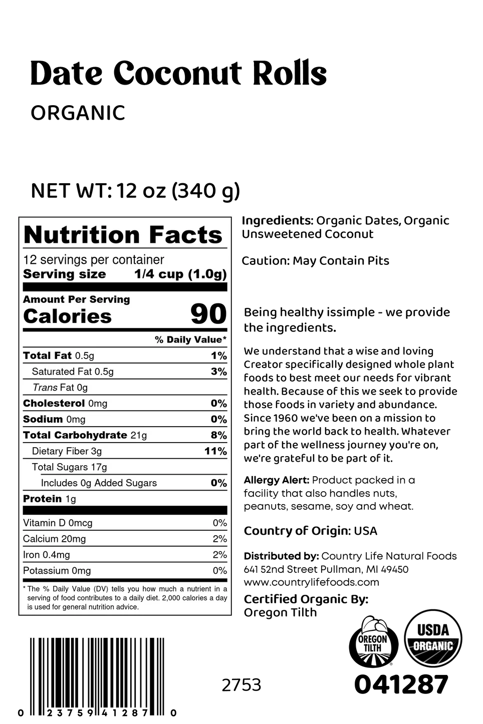 Date Coconut Rolls, Organic 1lb