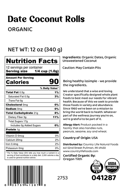 Date Coconut Rolls, Organic 1lb