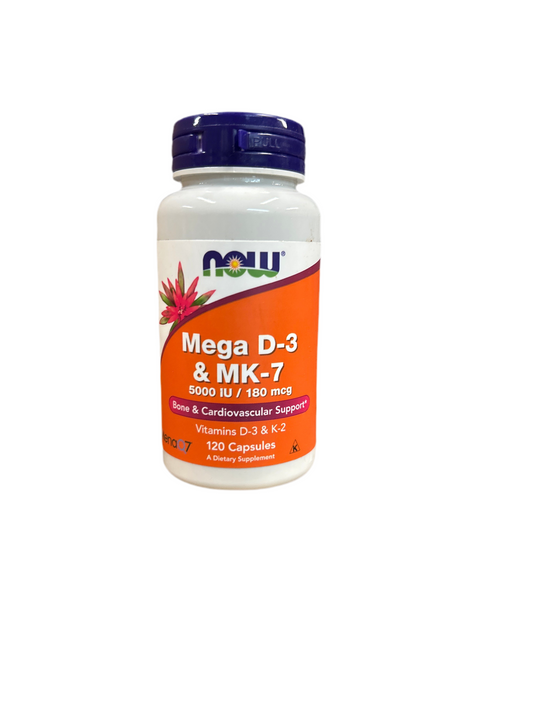 NOW Mega D-3 & MK -7 5,000 IU / 180 mcg Vitamins D-3 & K-2 120 Capsules MenaQ7