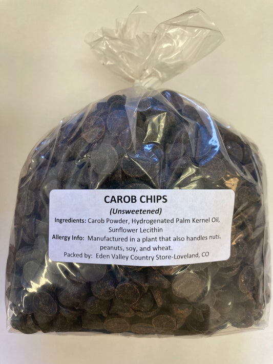 Carob Chips, Unsweetened 1# packed at Eden Valley
