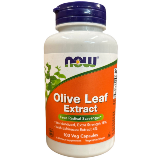 Olive Leaf Extract supplement bottle with NOW brand on a white background