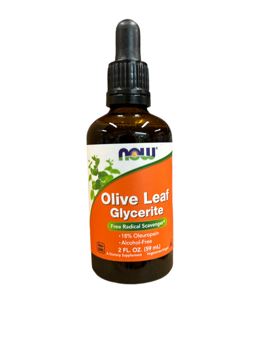 NOW Olive Leaf Glycerite 18% Oleuropein, Alcohol Free 2 fl. oz.