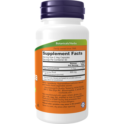 NOW Echinacea 400 mg Purpurea Root, 100 Veg Capsules