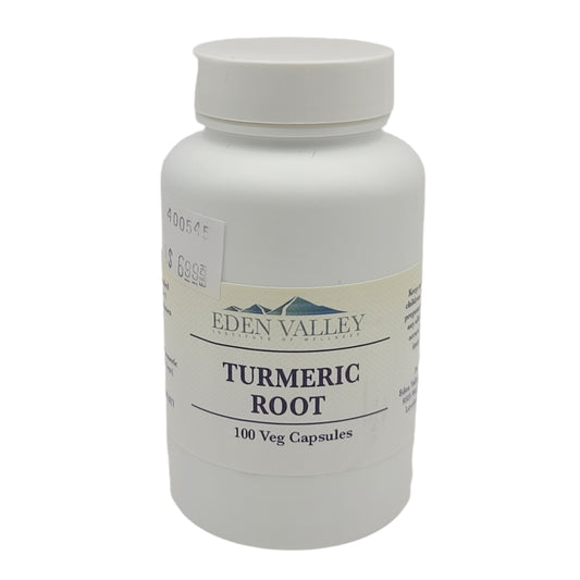 Eden Valley Turmeric Root supplement bottle on a light gray background