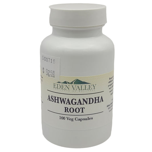 Eden Valley Ashwagandha Root supplement bottle on a light gray background