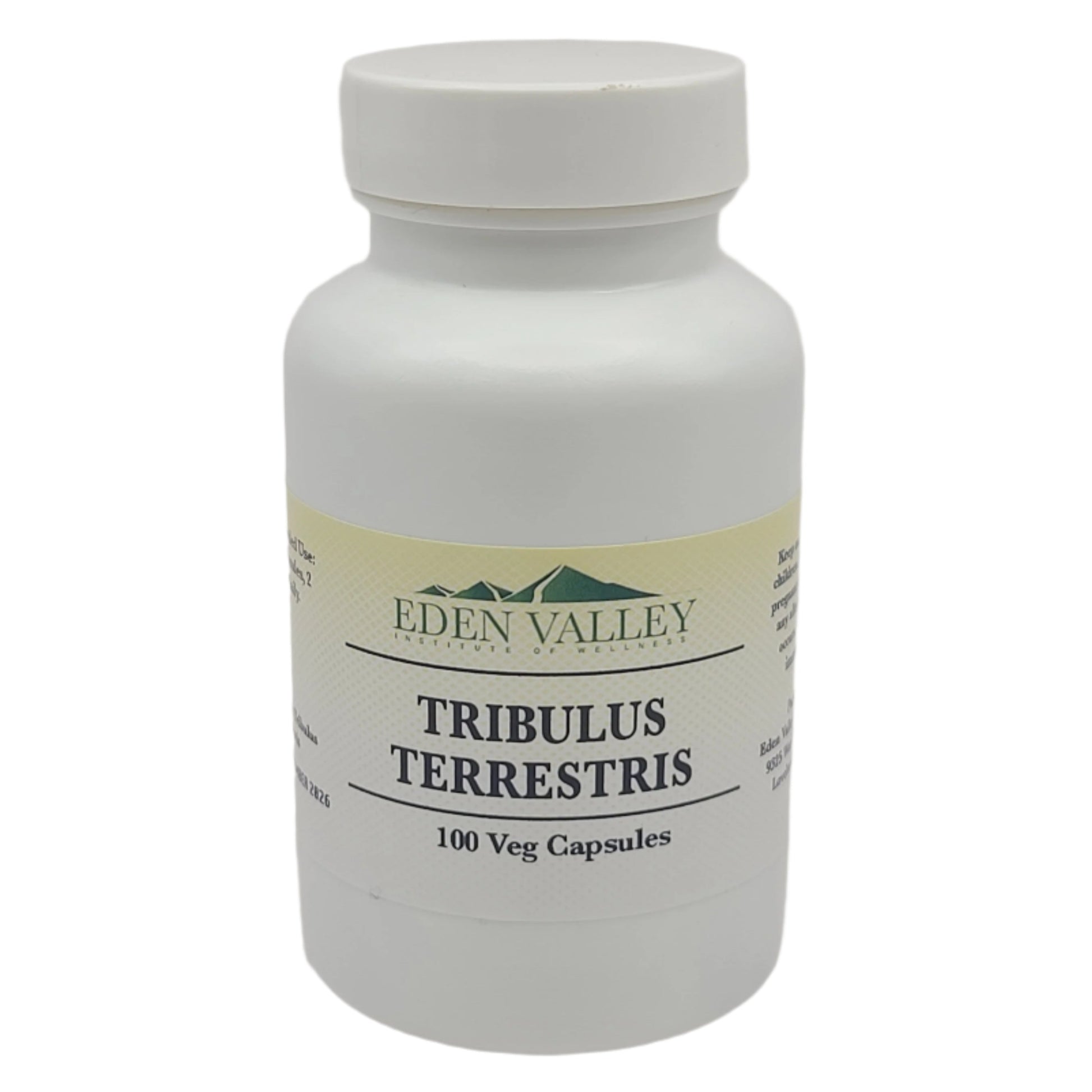 White supplement bottle labeled 'Eden Valley Tribulus Terrestris' on a light gray background
