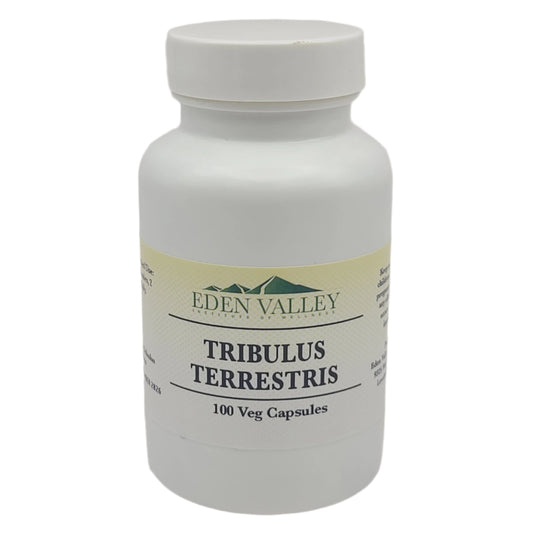 White supplement bottle labeled 'Eden Valley Tribulus Terrestris' on a light gray background