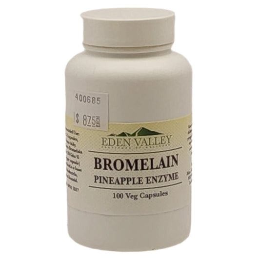 Eden Valley Bromelain Pineapple Enzyme supplement bottle on a beige background