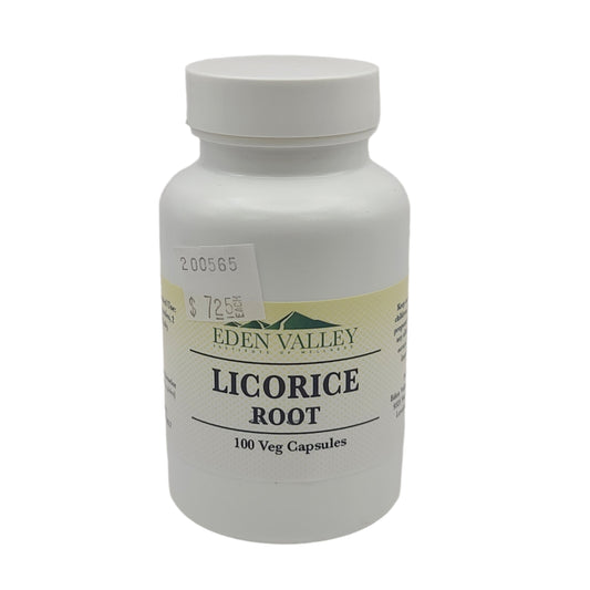 Eden Valley Licorice Root supplement bottle on a light gray background