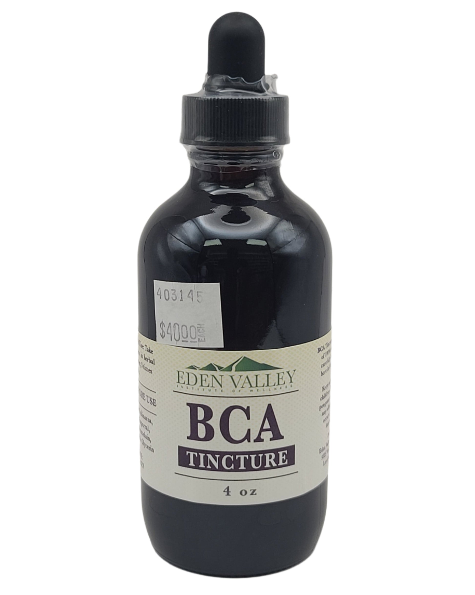 Eden Valley BCA Tincture bottle on a light gray background