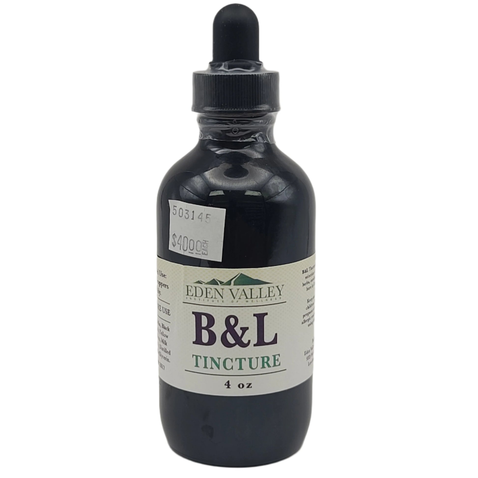 Bottle of B&L Tincture with a label on a light gray background