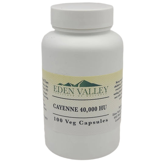 Eden Valley cayenne pepper supplement bottle on a light gray background