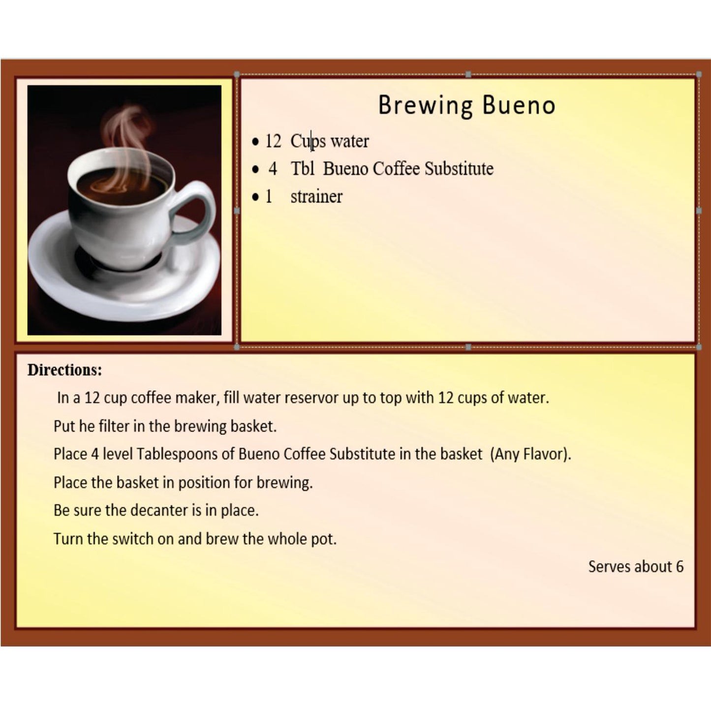 Bueno Coffee Substitute, Pecan Praline 7 oz.